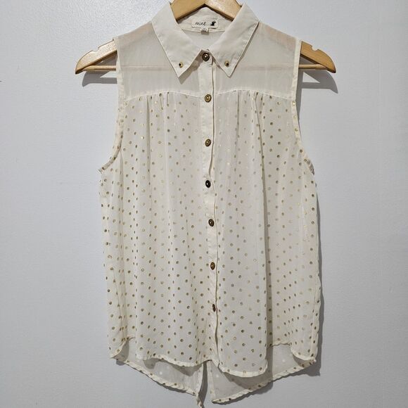 Mine - Shirt Button Up Sheet Tank Back Slit - Size M - Cream Gold Polka Dot - Picture 2 of 10